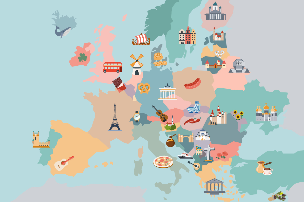 Illustrated Europe map An illustrated map of Europe. There is an icon on each country that represents their most popular touris attractions.
